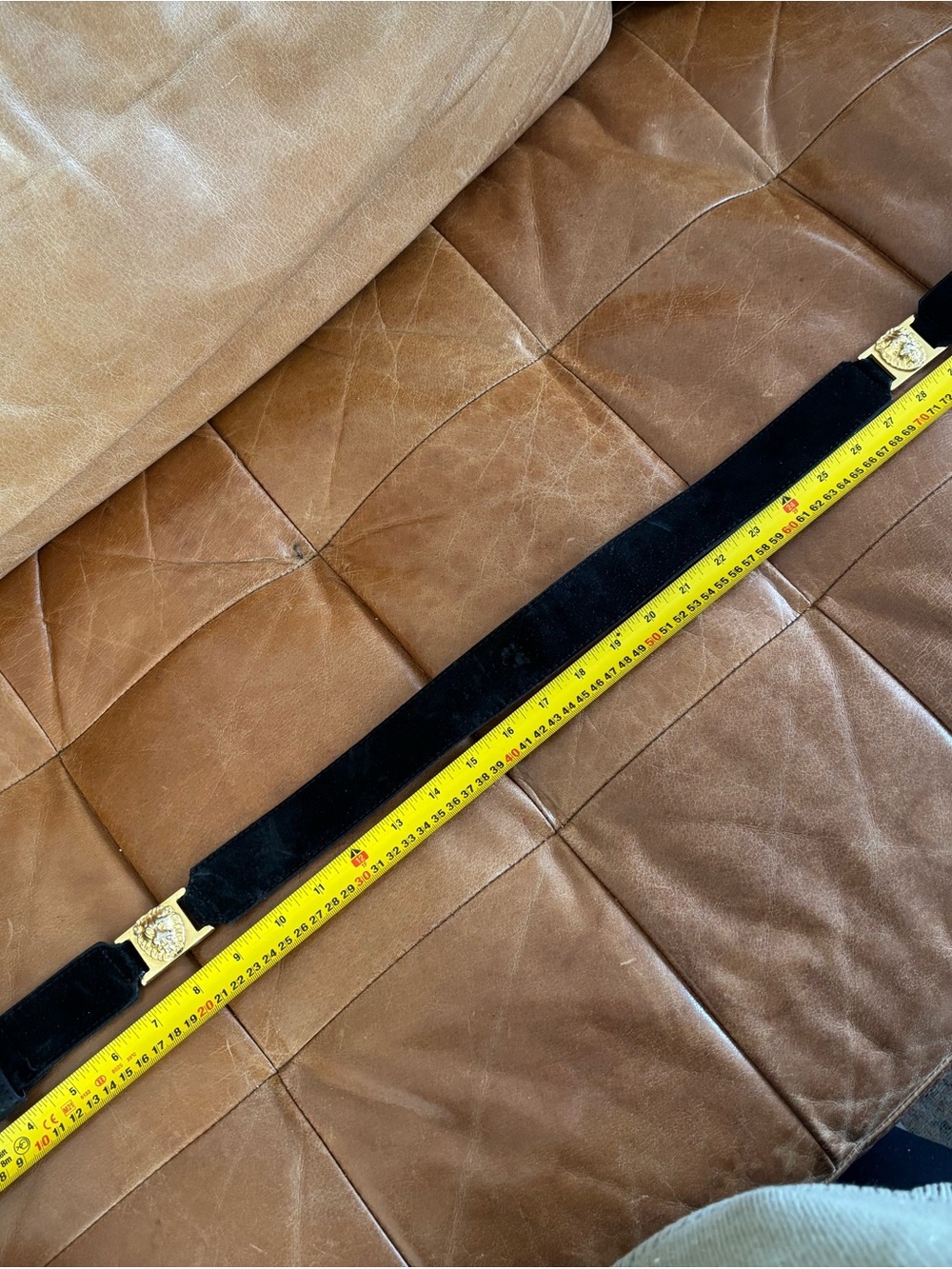 Vermillion Black Suede Belt Gold Lion Buckle Made in Canada Old Money Vintage - Picture 9 of 10